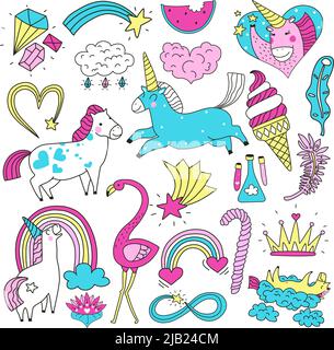 Colorful set di doodle luminoso di cavalli magici carini unicorni stelle arcobaleno cuori isolati su sfondo bianco illustrazione vettoriale Illustrazione Vettoriale