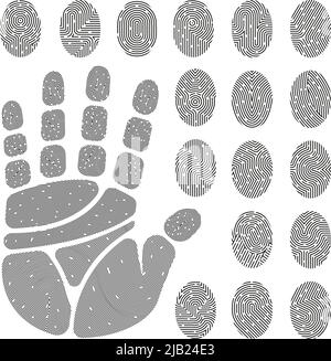 Set di stampe in bianco e nero di dita e palmo con dettagli unici illustrazione vettoriale isolata Illustrazione Vettoriale