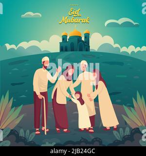 Buon biglietto d'auguri eid mubarak. Famiglia musulmana che benedice Eid mubarak ai nonni Illustrazione Vettoriale