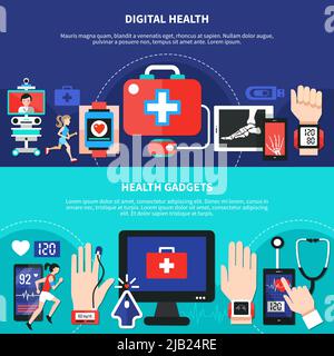 Dispositivi per la salute digitale applicazioni 2 striscioni orizzontali piatti Set con simbolo di pronto soccorso illustrazione vettoriale isolata Illustrazione Vettoriale