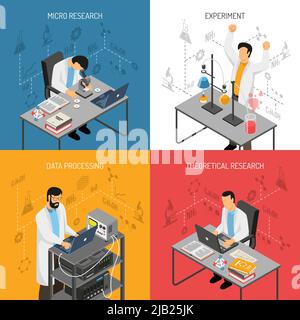 Progetto di laboratorio scientifico isometrico con immagini piatte di scienziati con attrezzature di ricerca e icone molecolari illustrazione vettoriale Illustrazione Vettoriale