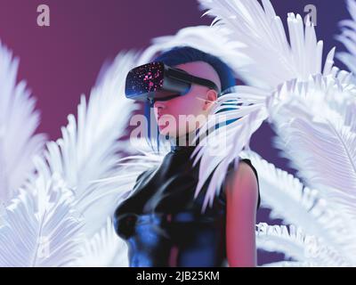 3D rendering di donne futuristiche in visore VR in piedi tra piume bianche ed esplorare metaverse Foto Stock