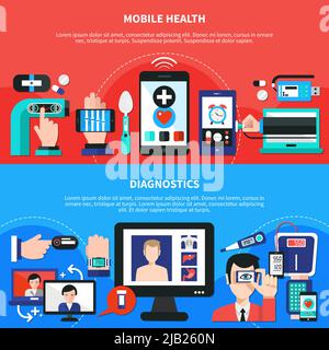 Dispositivi sanitari digitali indossabili mobili per funzioni del corpo Diagnostica misurazioni 2 striscioni orizzontali piatti illustrazione vettoriale isolata Illustrazione Vettoriale