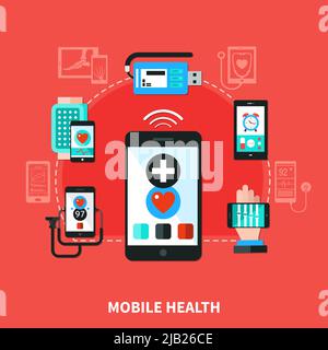Dispositivi indossabili mobili per la salute digitale che controllano la frequenza cardiaca e sono controllati da un'illustrazione vettoriale piatta dello smartphone personale Illustrazione Vettoriale
