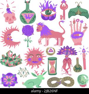 Colorato doodle tatuaggio insieme con varie creature magiche e simboli alchimia isolato su sfondo bianco illustrazione vettoriale Illustrazione Vettoriale