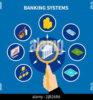 Dati sfondo concettuale isometrico con testo e mano umana con lente di ingrandimento e icone di banche finanziarie illustrazione vettoriale Illustrazione Vettoriale