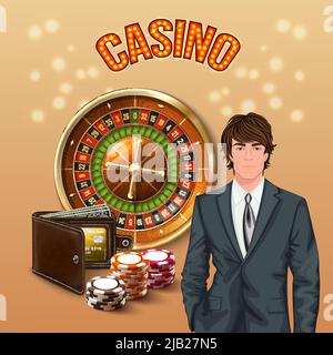Uomo in una composizione realistica del casinò con il titolo del casinò illuminato in arancione e l'illustrazione del vettore dei giocatori fortunati Illustrazione Vettoriale