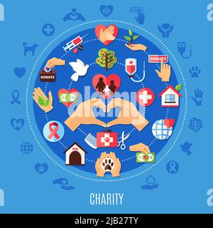 Composizione circolare benefica con set di icone isolate di donazione in stile emoji e simboli decorativi con sagome vettoriali Illustrazione Vettoriale
