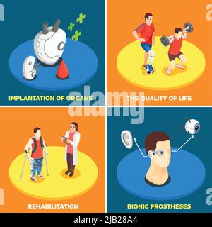 Tecnologia medica concetto di progettazione 2x2 con impianto di organi protesi bioniche qualità di vita e riabilitazione icone quadrate isometriche vettore illu Illustrazione Vettoriale