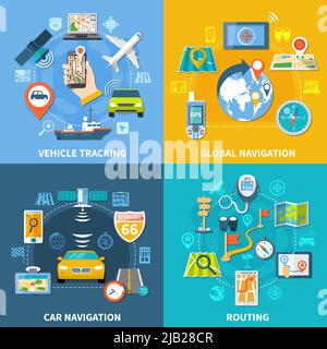Concetto di design di navigazione con quattro composizioni pittogrammi piatti e icone con segnalatori satelliti gps e gadget illustrazione vettoriale Illustrazione Vettoriale