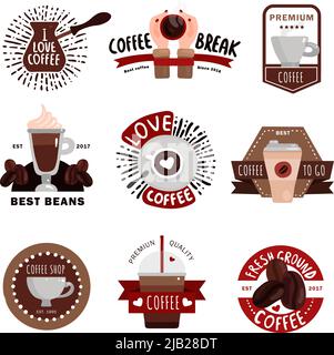 Produzione di caffè emblemi di colore piatto badge ed etichette per il design di caffetteria e ristorante illustrazione vettoriale isolata Illustrazione Vettoriale