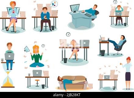 I personaggi di procrastination sopraffatti con lavoro ritardando le attività dormendo nel luogo di lavoro sintomi distratti cartoni animati icone raccolta illustrazione vettoriale Illustrazione Vettoriale