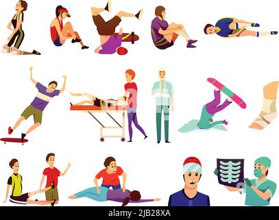 Sport infortunio piatto colorate icone collezione di atleti isolati che soffrono di traumi e medici di medicina sportiva illustrazione vettoriale Illustrazione Vettoriale