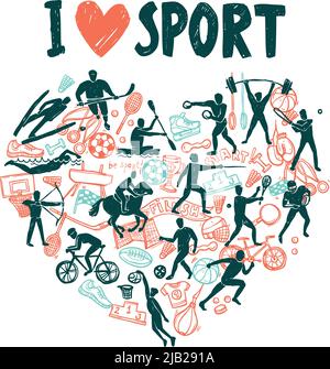 Concetto di sport d'amore con gli atleti disegnati a mano in figura di hears vettoriale illustrazione Illustrazione Vettoriale