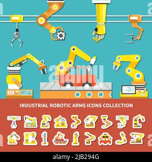 Composizione colorata del braccio robotico piatto con icone industriali della collezione di bracci robotici descrizione illustrazione vettoriale Illustrazione Vettoriale