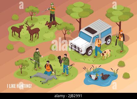 Scena di caccia composizione isometrica con animali da gioco uccisi cani jeep e sparatutto che mira a cervi illustrazione vettoriale Illustrazione Vettoriale