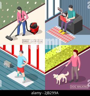 Routine quotidiana 2x2 insieme di concetto di progettazione isometrica di persone comuni che camminano con la pulizia del cane facendo mattina esercizi illustrazione vettoriale Illustrazione Vettoriale