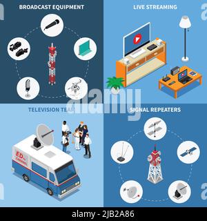 Colorate icone di telecomunicazione isometriche 2x2 insieme con varie apparecchiature di trasmissione TV team e dispositivi elettronici vettore isolato 3d illustra Illustrazione Vettoriale