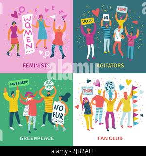 People parade 2x2 design set di agitatori femministi greenpeace e fan club Square icone flat vettore illustrazione Illustrazione Vettoriale