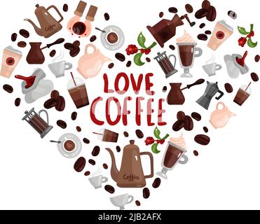 Love design concetto caffè con immagine cuore composto da diversi dispositivi di erogazione e caffè bevande icone isolate illustrazione vettoriale Illustrazione Vettoriale