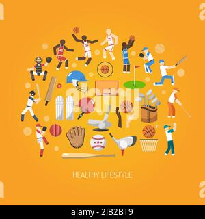Concetto di sport e stile di vita sano con lettori piatti e accessori icone set vettoriale illustrazione Illustrazione Vettoriale
