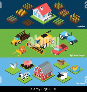 Animali da allevamento e macchine per il trasporto agricolo e trattori striscioni orizzontali isometrici insieme astratto illustrazione vettoriale isolata Illustrazione Vettoriale