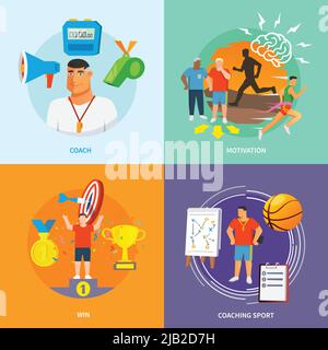 Coaching sport design concept set con motivazione flat icone set isolato vettore illustrazione Illustrazione Vettoriale