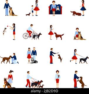 Persone che giocano e camminano con razze diverse di cani impostare illustrazione vettoriale isolato Illustrazione Vettoriale