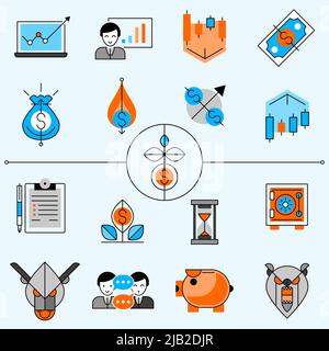 Icone di linee di investimento e bancarie impostate con diagrammi e frecce a forma di vettore isolato e piatto Illustrazione Vettoriale