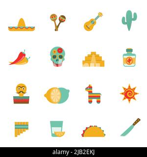 Simboli della cultura messicana icone piatte insieme con cocktail di tequila e peperoncino piccante illustrazione vettoriale isolata astratta Illustrazione Vettoriale