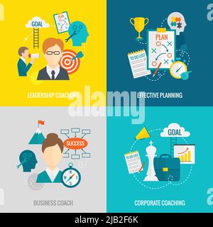 Coaching business design insieme di concetto con business corporate leadership coaching efficace pianificazione piatta icone isolato vettore illustrazione Illustrazione Vettoriale