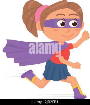 Divertente supereroe ragazza in esecuzione. Bambino in costume da carnevale Illustrazione Vettoriale