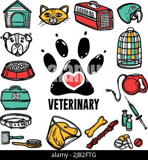 Veterinario animale domestico salute cura disegnata a mano decorativa insieme di icone illustrazione vettoriale Illustrazione Vettoriale