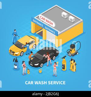 Servizio di autolavaggio con attrezzature da garage lavoratori e ragazze in bikini su sfondo blu illustrazione vettoriale isometrica Illustrazione Vettoriale
