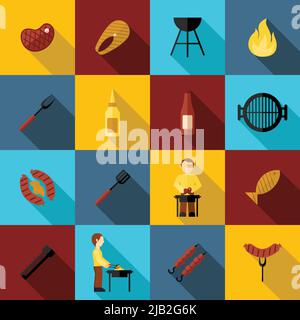 BBQ griglia icona set piatto con salsiccia forchetta pesce partito isolato vettore illustrazione Illustrazione Vettoriale