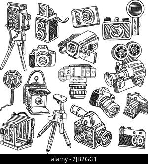 Fotocamere hobby vintage foto e film con treppiede e torcia Pictograms collezione grafica doodle schizzo illustrazione vettoriale Illustrazione Vettoriale