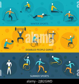 Banner sportivi disabili insieme isolato con giochi invernali ed estivi elementi vettoriali isolato illustrazione Illustrazione Vettoriale