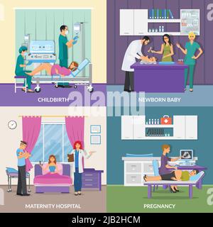 Maternità ospedale 2x2 progettazione set di concetto di gravidanza parto neonato piano composizioni bambino illustrazione vettoriale Illustrazione Vettoriale