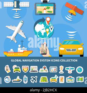 Raccolta di icone isolate del sistema di navigazione globale con composizione di immagini piatte di veicoli e dispositivi equipaggiati illustrazione vettoriale Illustrazione Vettoriale