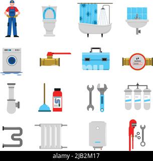 Servizio idraulico icone piatte set con stantuffo attrezzatura bagno illustrazione vettoriale isolata Illustrazione Vettoriale