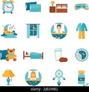 Set di icone piatte per il tempo di sonno con cuscini sveglia e mobili da camera da letto, illustrazione vettoriale isolata Illustrazione Vettoriale