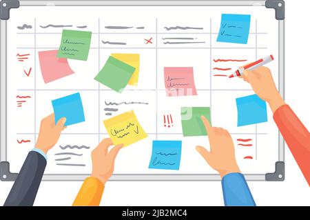 Lavagna Kanban con adesivi colorati e mani per scrivere. Cartoon team pianificazione isolato su sfondo bianco Illustrazione Vettoriale
