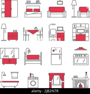 Set di icone linea mobili con camera da letto cucina bagno e soggiorno rosso nero appartamento isolato illustrazione vettoriale Illustrazione Vettoriale