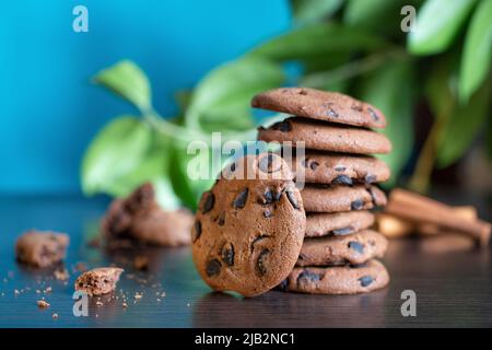 Biscotti di farina d'avena al cioccolato sul tavolo sullo sfondo delle foglie verdi Foto Stock