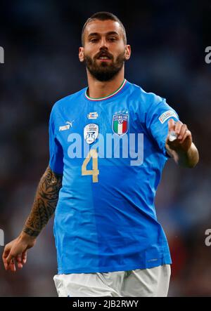 LONDRA, INGHILTERRA - GIUGNO 01: Leonardo Spinazzola d'Italia durante Finalissima Conmebol - Coppa UEFA di campioni tra Italia e Argentina a Wembley sta Foto Stock