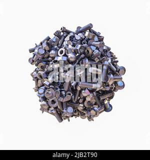 agglomerazione di bulloni, dadi e piccole parti meccaniche su sfondo bianco. 3d rendering Foto Stock