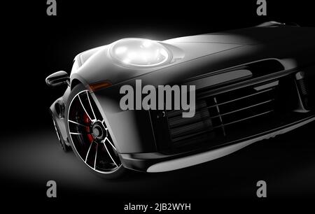 Auto sportiva nera generica e senza marchio illuminata su sfondo scuro: Illustrazione 3D Foto Stock