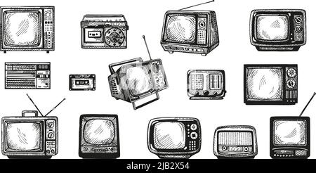 Impostare il dispositivo retro inciso isolato su sfondo bianco. Televisione vintage, radio e cassetta di musica disegnata a mano. Attrezzatura dei supporti di schizzo. Vet Illustrazione Vettoriale