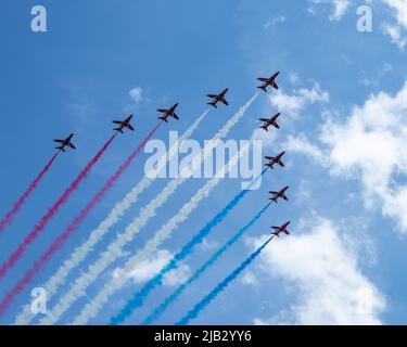 Londra, Regno Unito. 2nd giugno 2022. Il volo RAF sul centro di Londra durante le celebrazioni del Giubileo del platino della Regina. 2nd giugno 2022. Marcin Riehs/ Pathos Credit: Pathos Images/Alamy Live News Foto Stock