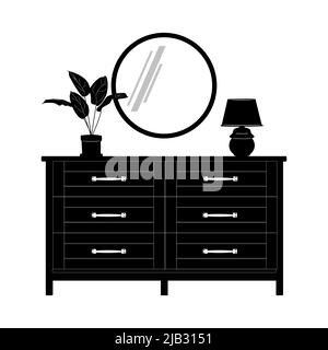 Commode con specchio, pianta in pentola e lamp.Dresser o comodino silhouette.Bedroom interior.Chest di cassetti icon.Vintage mobili per soggiorno Illustrazione Vettoriale